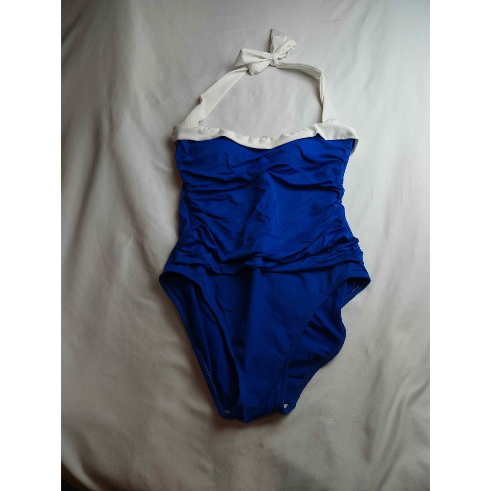 Lauren Ralph Lauren Blue White Halter Ruched One Piece Swimsuit Size 12